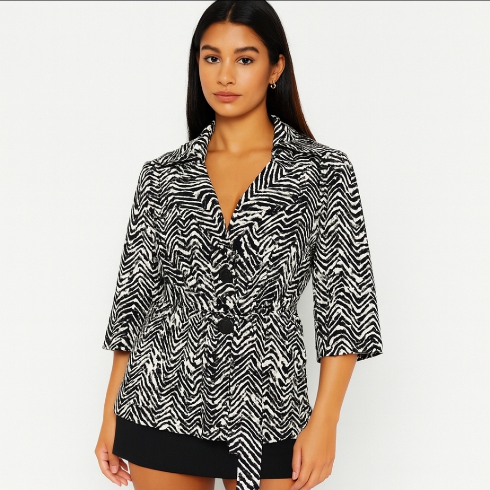 Cato Black and White Zebra Pattern Belted Trench Coat Sz Med
